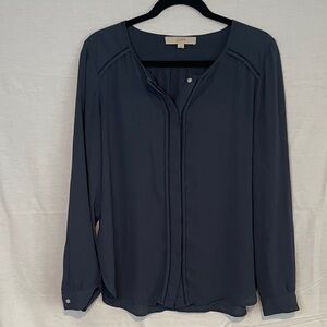 Loft navy blue button down blouse with side slits. Size small